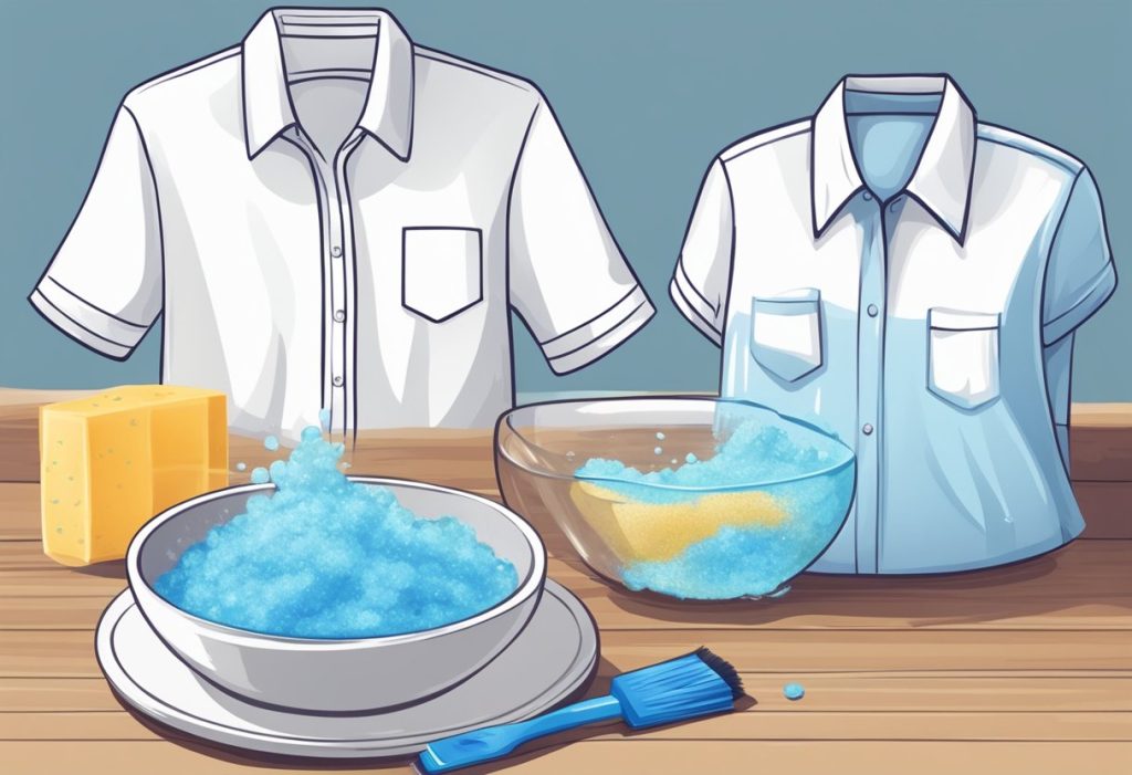 A shirt with detergent stains being soaked in a bowl of water and stain remover, with a scrub brush nearby