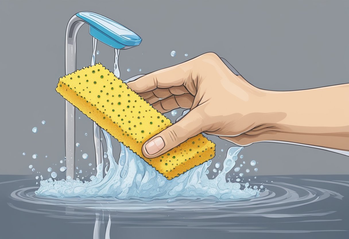 A hand holding a sponge scrubbing a stained piece of clothing under running water