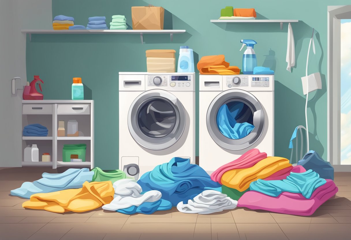 A pile of clothes with visible detergent stains, a bottle of laundry detergent, and a washing machine