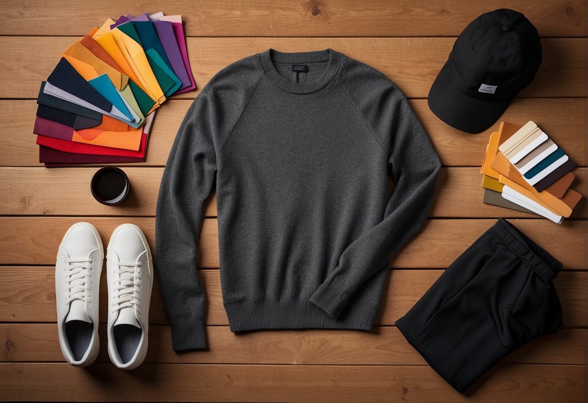 A grey sweater, black pants, and white sneakers lay on a wooden table. A color wheel and fabric swatches surround them