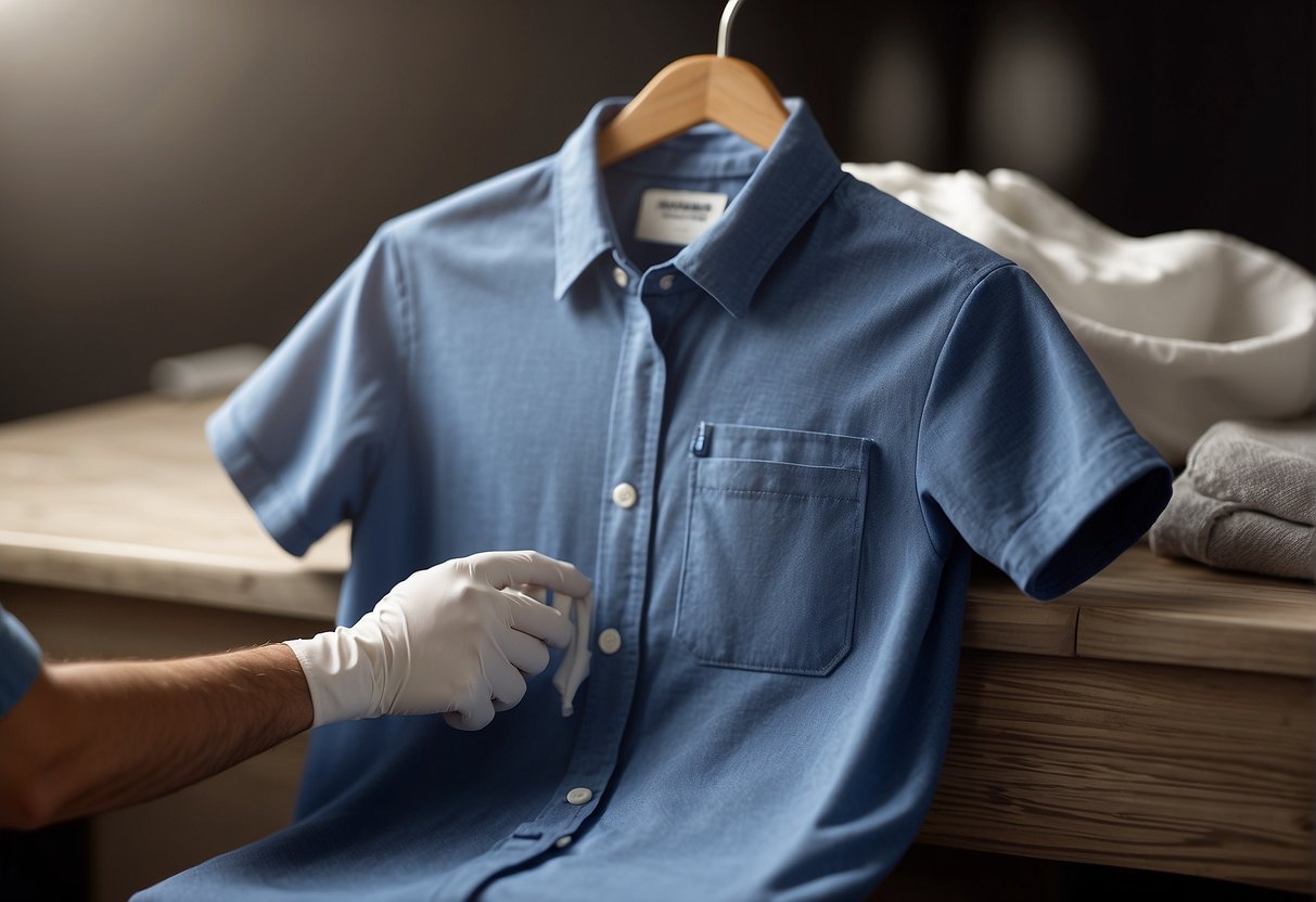 A shirt with sweat stains being treated with a stain remover spray and scrubbed gently with a brush