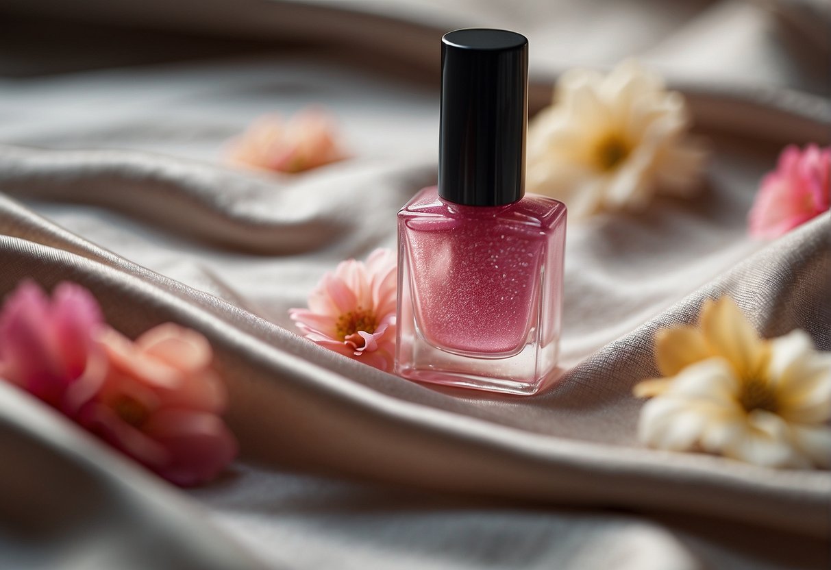A colorful lip gloss smudge on a piece of fabric, with a small bottle of stain remover nearby