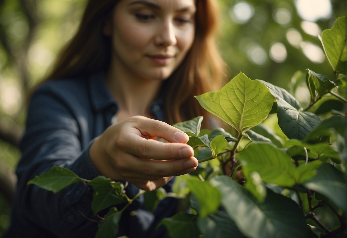 A person accidentally touches poison ivy while picking cashews, causing a rash and irritation
